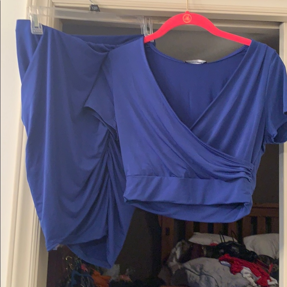Blue 2 piece crop top and mini skirt